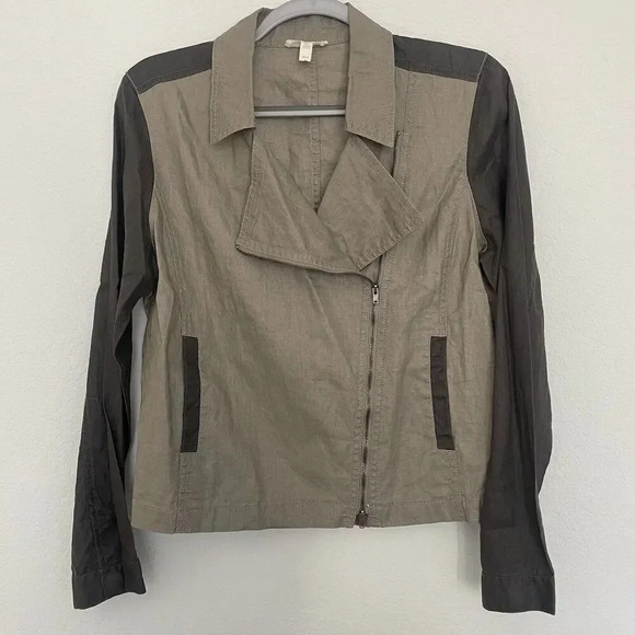 Eileen Fisher Moto Jacket Medium Brown Tan Organic Linen Zip Front - Picture 7 of 10